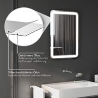 Silberner LED Badspiegel 50x70cm mit Touch-Schalter und Anti-Beschlag-Funktion