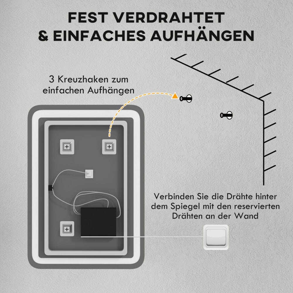 Silberner LED Badspiegel 50x70cm mit Touch-Schalter und Anti-Beschlag-Funktion