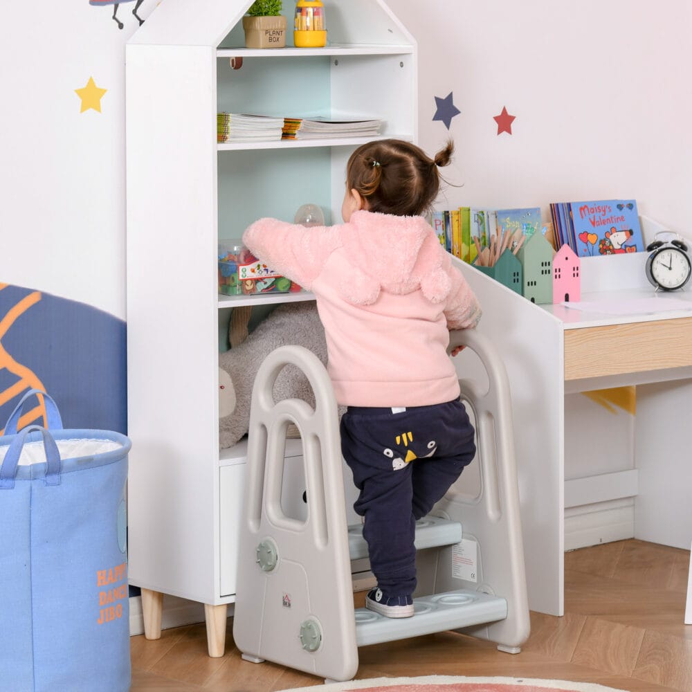Blauer Lernturm für Kinder im Montessori Stil mit 2 Stufen, fördert Selbstständigkeit in der Küche oder Bad.