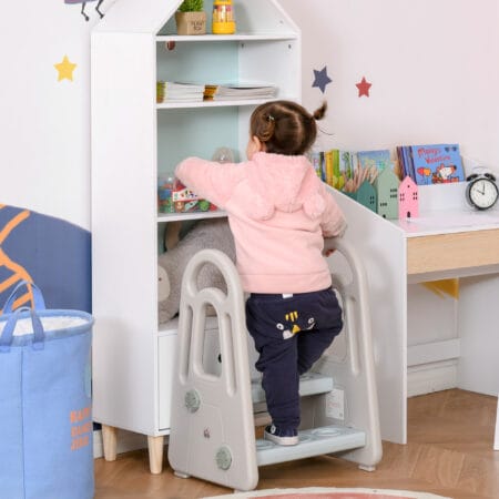 Blauer Lernturm für Kinder im Montessori Stil mit 2 Stufen, fördert Selbstständigkeit in der Küche oder Bad.