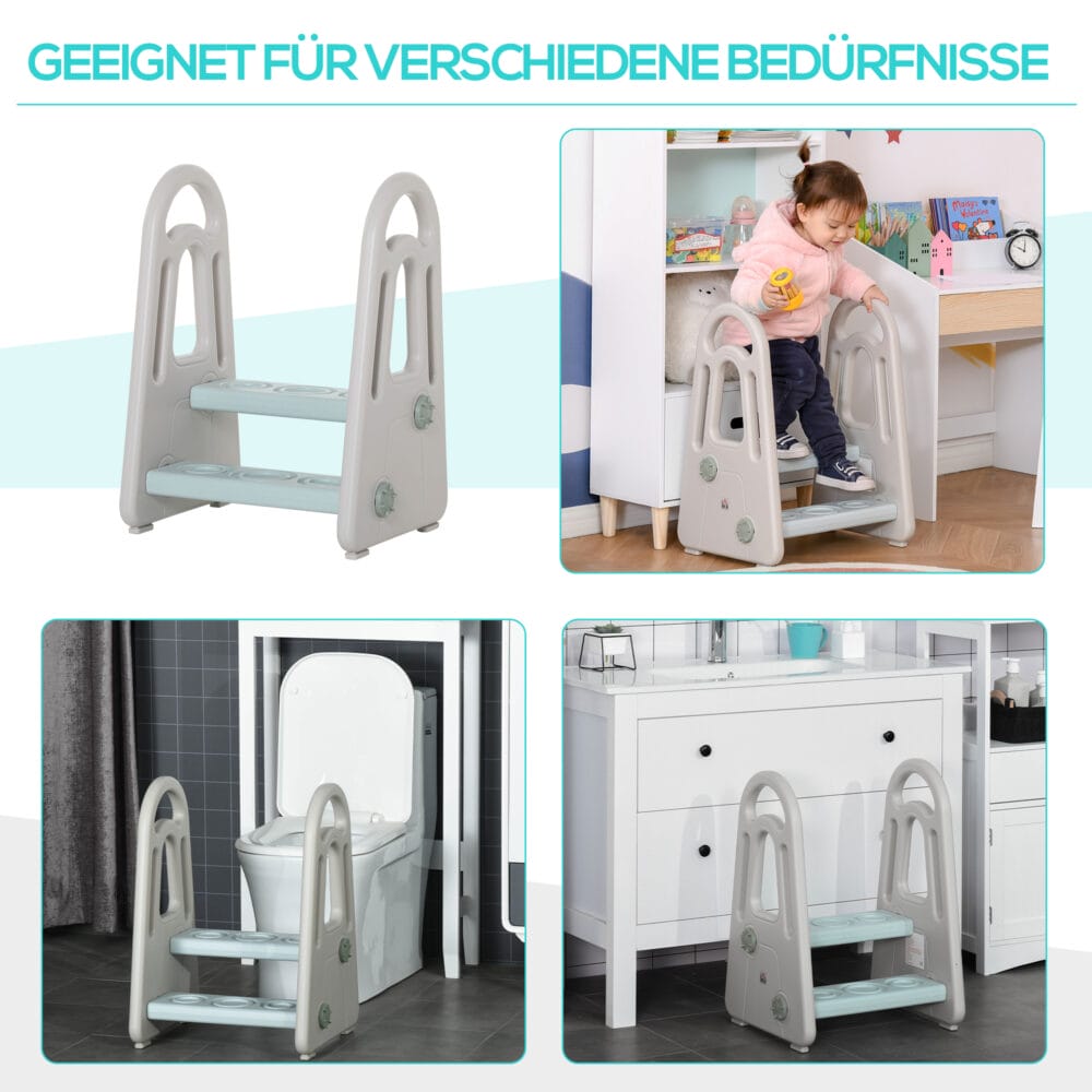 Blauer Lernturm für Kinder im Montessori Stil mit 2 Stufen, fördert Selbstständigkeit in der Küche oder Bad.