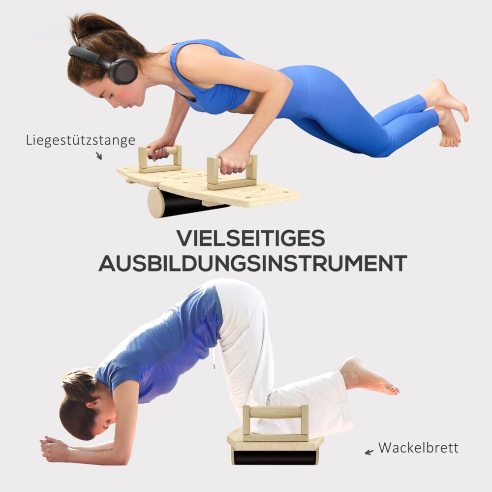 Liegestützgriffe mit Widerstandsbändern für effektives Muskeltraining aus Naturholz.
