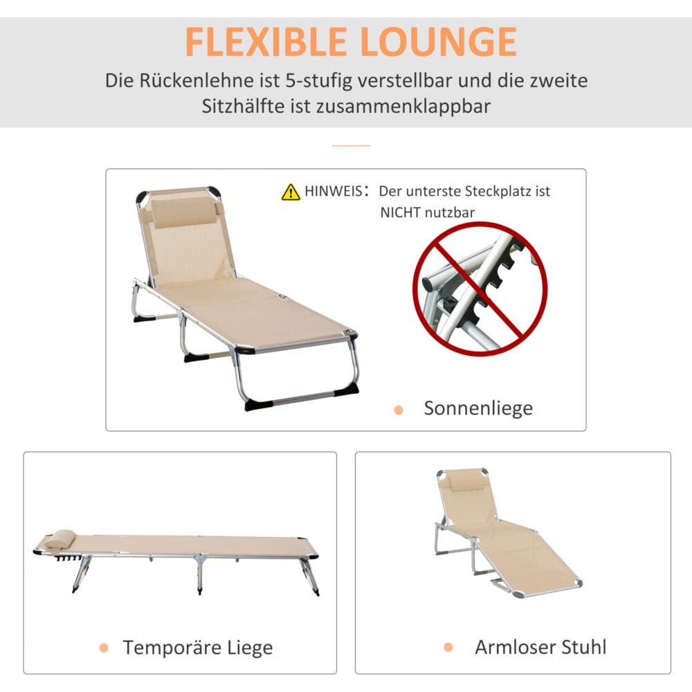 Beige Gartenliege aus Aluminium mit 5-facher Verstellung.