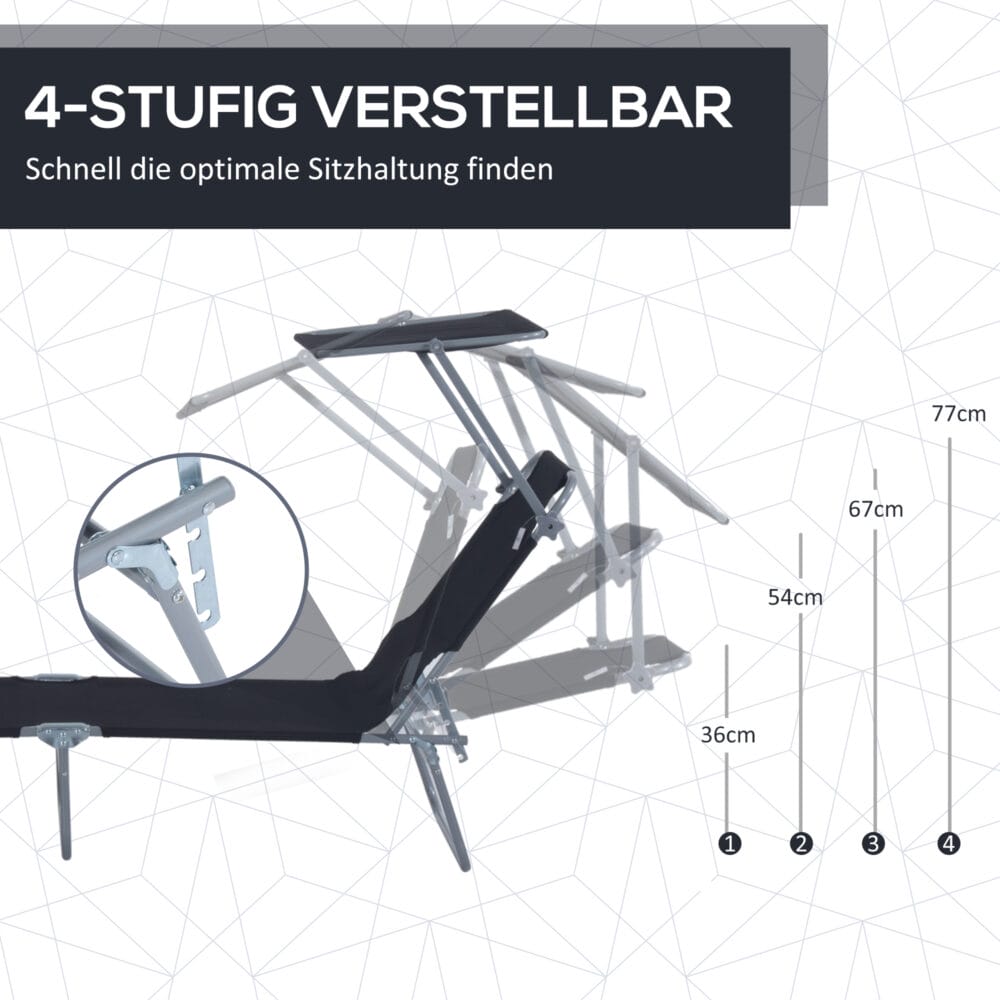 Schwarzer Liegestuhl mit integriertem Sonnenschutz.