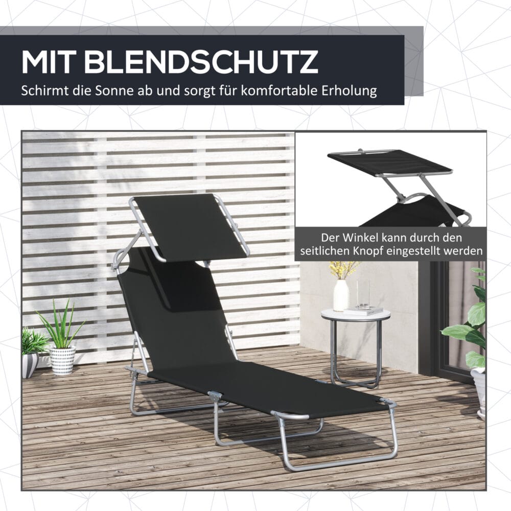 Schwarzer Liegestuhl mit integriertem Sonnenschutz.