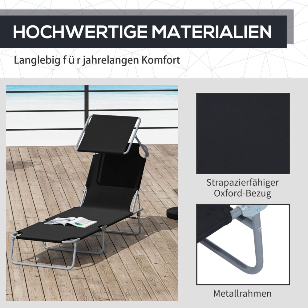 Schwarzer Liegestuhl mit integriertem Sonnenschutz.