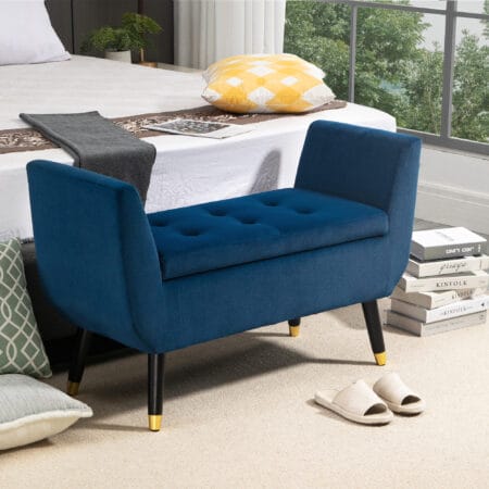 Blaue Luxus-Sitzbank mit geräumigem Stauraum, Masse 107x42x65cm. Eine stilvolle und praktische Bereicherung für Ihr Zuhause.