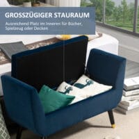 Blaue Luxus-Sitzbank mit geräumigem Stauraum, Masse 107x42x65cm. Eine stilvolle und praktische Bereicherung für Ihr Zuhause.