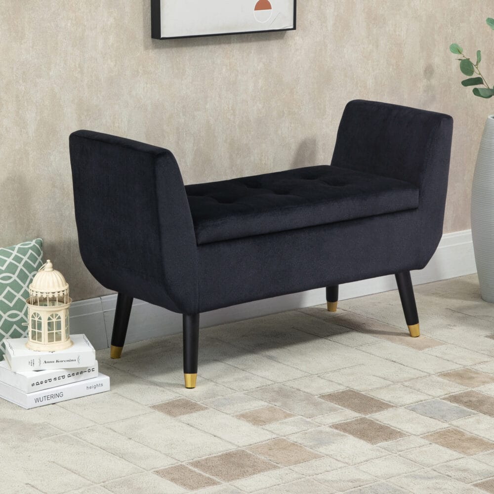 Schwarze Luxus-Sitzbank mit geräumigem Stauraum, Masse 107x42x65cm. Verleiht jedem Raum eine edle Note.