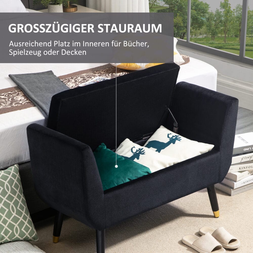 Schwarze Luxus-Sitzbank mit geräumigem Stauraum, Masse 107x42x65cm. Verleiht jedem Raum eine edle Note.