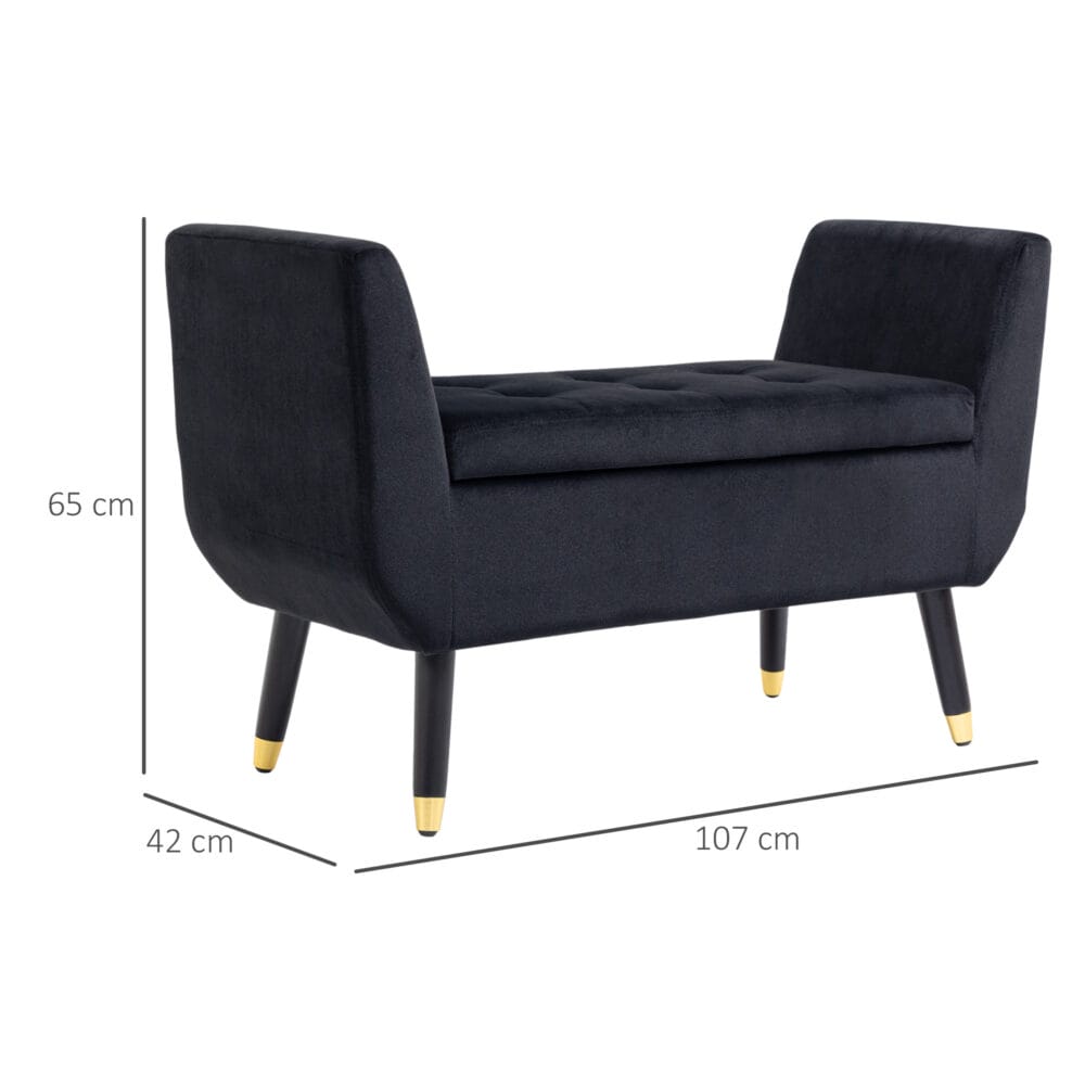 Schwarze Luxus-Sitzbank mit geräumigem Stauraum, Masse 107x42x65cm. Verleiht jedem Raum eine edle Note.