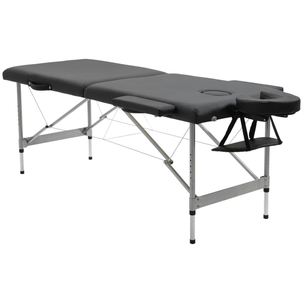 Eine schwarze Massageliege, klappbar, mit 7 Zonen und höhenverstellbar.