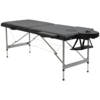 Eine schwarze Massageliege, klappbar, mit 7 Zonen und höhenverstellbar.