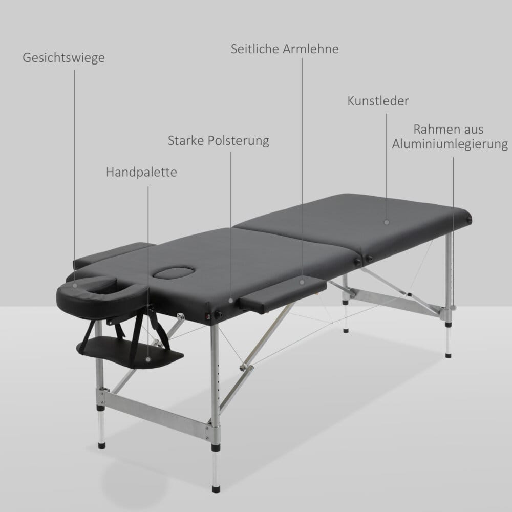 Eine schwarze Massageliege, klappbar, mit 7 Zonen und höhenverstellbar.