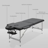 Eine schwarze Massageliege, klappbar, mit 7 Zonen und höhenverstellbar.