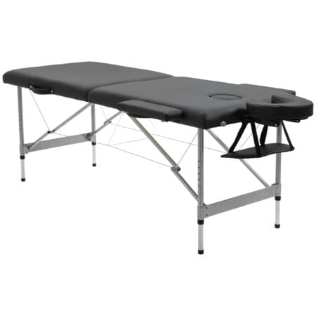 Eine schwarze Massageliege, klappbar, mit 7 Zonen und höhenverstellbar.