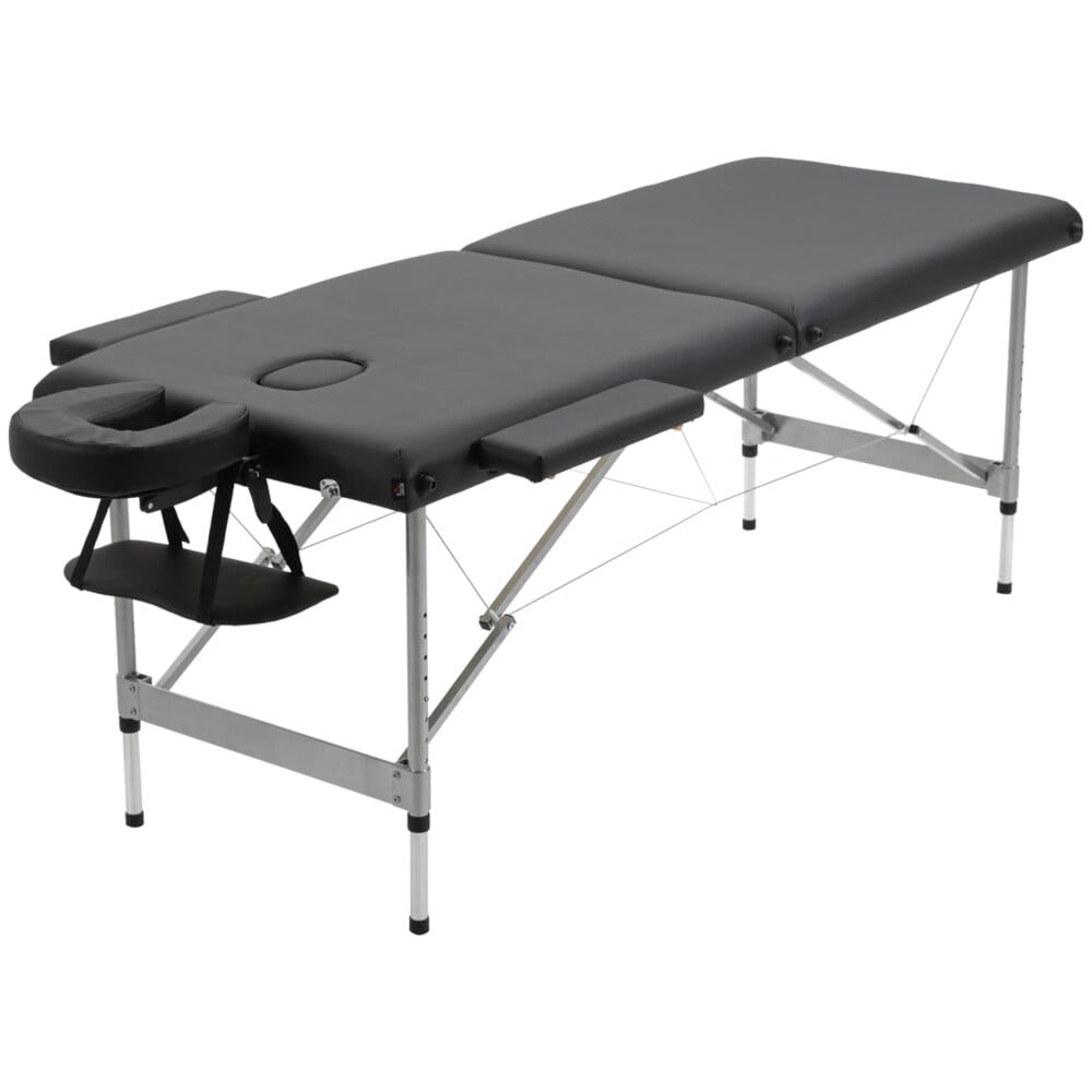 Eine schwarze Massageliege, klappbar, mit 7 Zonen und höhenverstellbar.