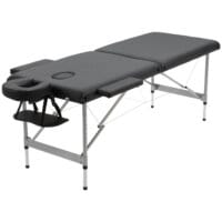 Eine schwarze Massageliege, klappbar, mit 7 Zonen und höhenverstellbar.