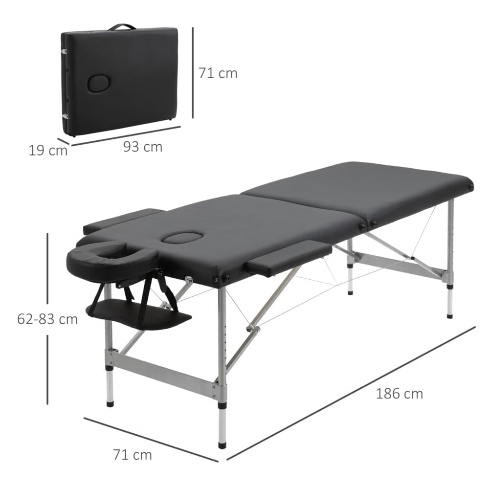 Eine schwarze Massageliege, klappbar, mit 7 Zonen und höhenverstellbar.