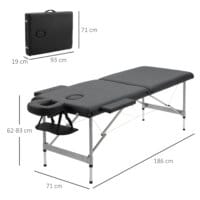 Eine schwarze Massageliege, klappbar, mit 7 Zonen und höhenverstellbar.