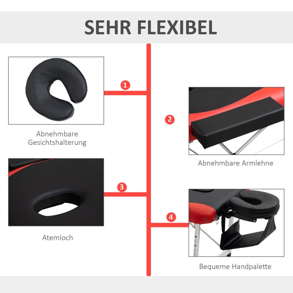 Klappbare Massageliege, höhenverstellbar und aus Aluminium. Ideal für Physiotherapie und Wellness zu Hause oder unterwegs.