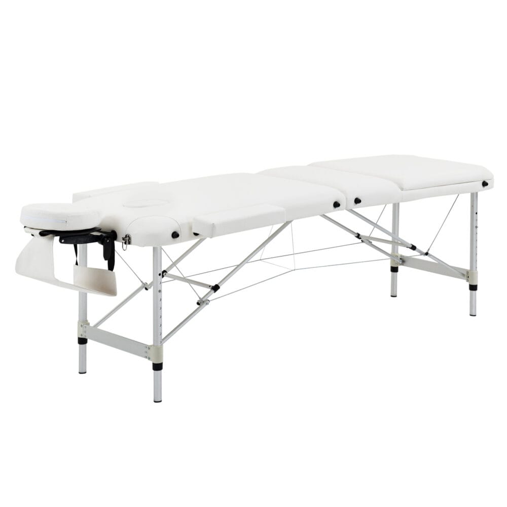 Klappbare Massageliege, höhenverstellbar, perfekt für Spa- und Salonanwendungen, in elegantem Weiss.