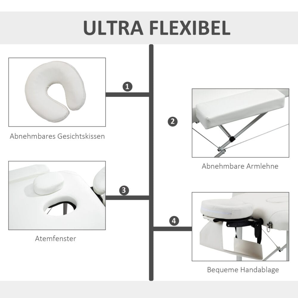 Klappbare Massageliege, höhenverstellbar, perfekt für Spa- und Salonanwendungen, in elegantem Weiss.