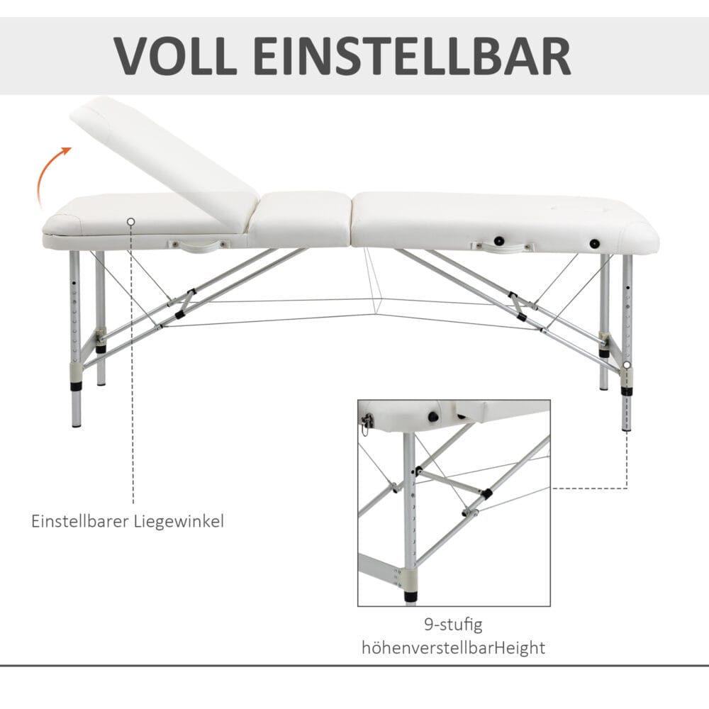 Klappbare Massageliege, höhenverstellbar, perfekt für Spa- und Salonanwendungen, in elegantem Weiss.