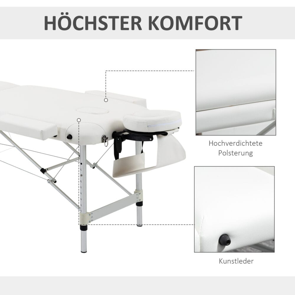 Klappbare Massageliege, höhenverstellbar, perfekt für Spa- und Salonanwendungen, in elegantem Weiss.