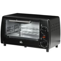 Ein kleiner schwarzer Backofen mit 10 Litern Fassungsvermögen, 750W Leistung und einem 60-Minuten-Timer.