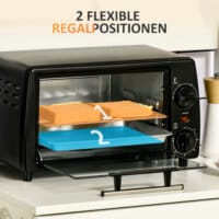 Ein kleiner schwarzer Backofen mit 10 Litern Fassungsvermögen, 750W Leistung und einem 60-Minuten-Timer.