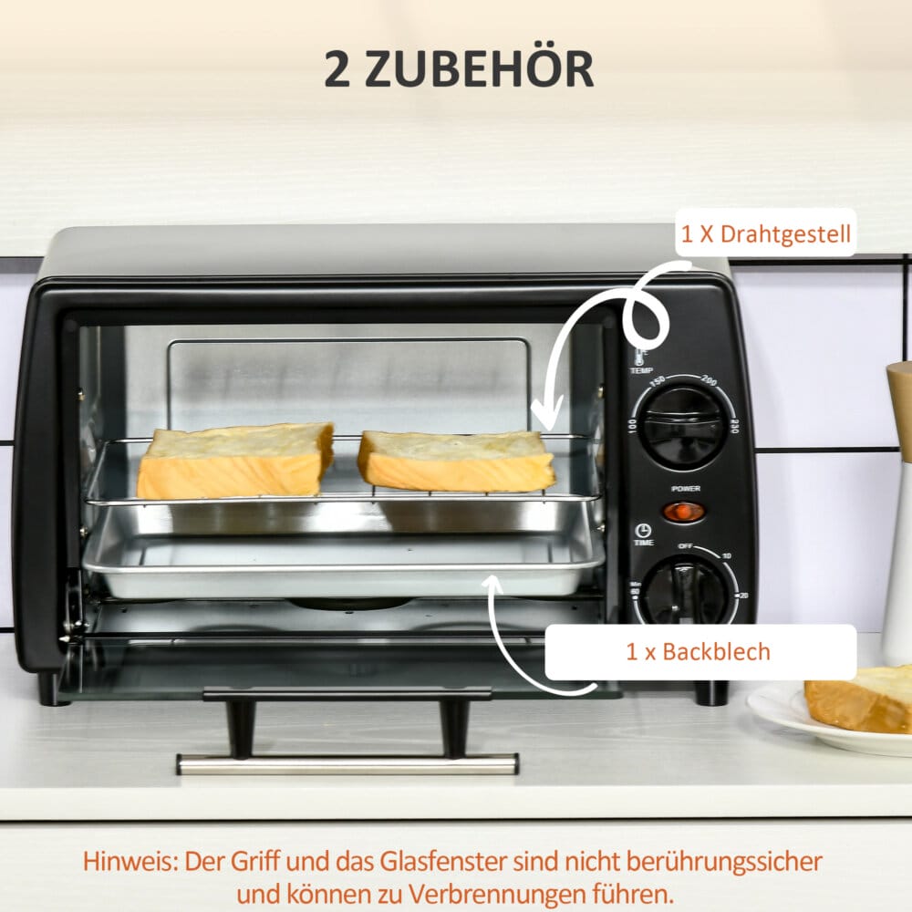 Ein kleiner schwarzer Backofen mit 10 Litern Fassungsvermögen, 750W Leistung und einem 60-Minuten-Timer.