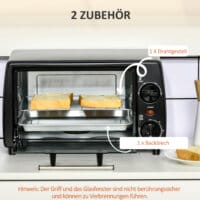 Ein kleiner schwarzer Backofen mit 10 Litern Fassungsvermögen, 750W Leistung und einem 60-Minuten-Timer.
