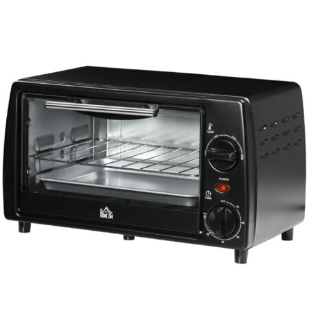 Ein kleiner schwarzer Backofen mit 10 Litern Fassungsvermögen, 750W Leistung und einem 60-Minuten-Timer.