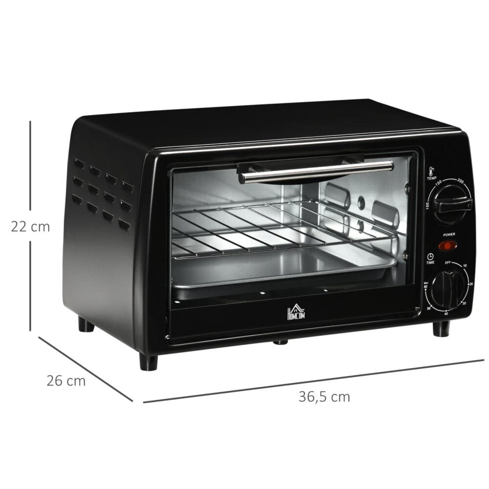Ein kleiner schwarzer Backofen mit 10 Litern Fassungsvermögen, 750W Leistung und einem 60-Minuten-Timer.