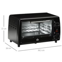Ein kleiner schwarzer Backofen mit 10 Litern Fassungsvermögen, 750W Leistung und einem 60-Minuten-Timer.