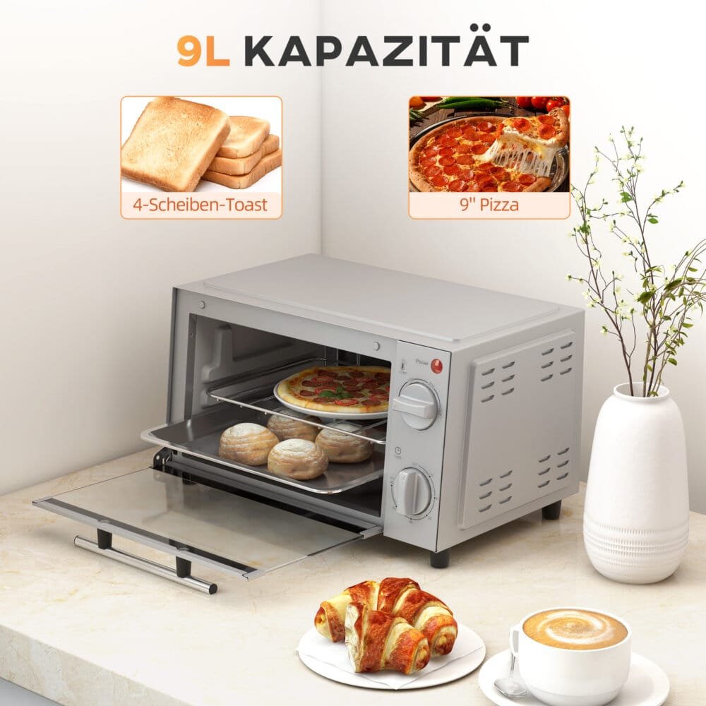 Ein silberner Minibackofen und Backofen mit 9 Litern Fassungsvermögen, 750W Leistung, Temperaturbereich 100-230 Grad Celsius, Timer und Edelstahl-Zubehör.