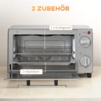 Ein silberner Minibackofen und Backofen mit 9 Litern Fassungsvermögen, 750W Leistung, Temperaturbereich 100-230 Grad Celsius, Timer und Edelstahl-Zubehör.