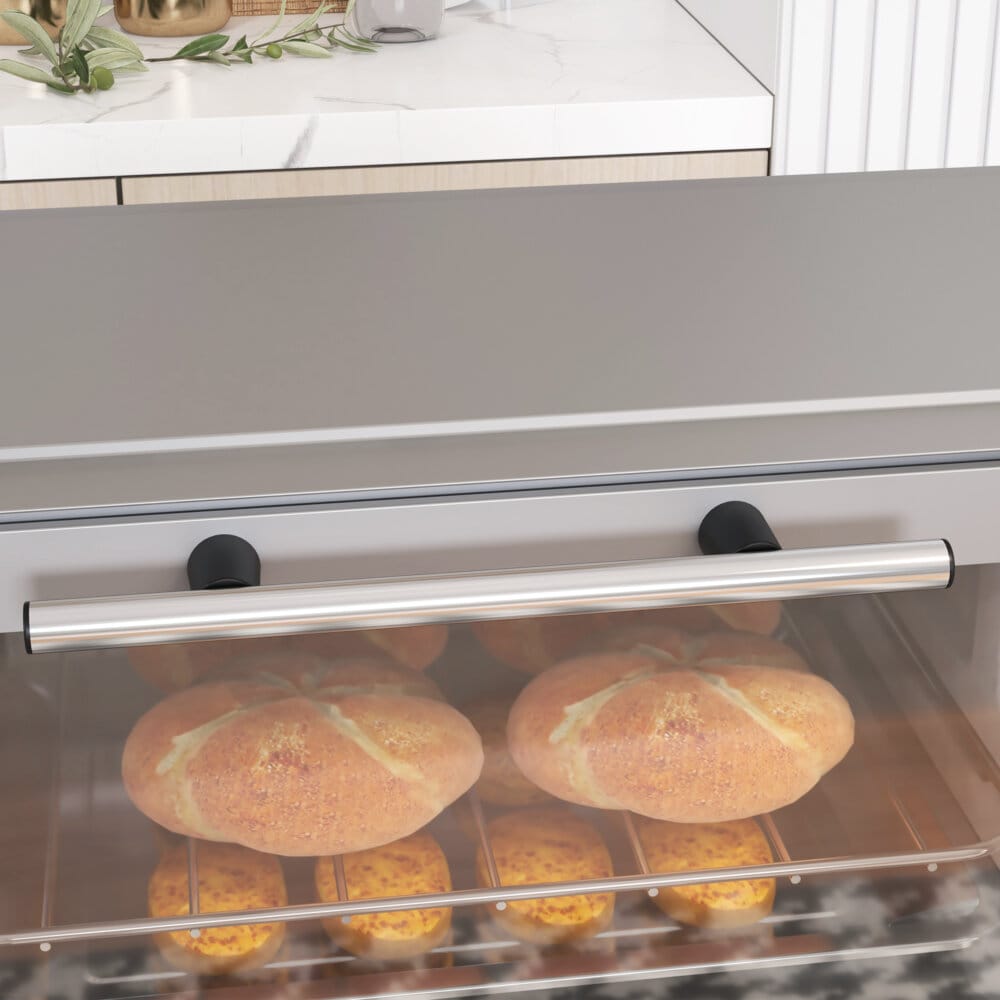 Ein silberner Minibackofen und Backofen mit 9 Litern Fassungsvermögen, 750W Leistung, Temperaturbereich 100-230 Grad Celsius, Timer und Edelstahl-Zubehör.