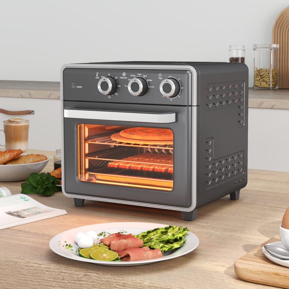 Ein grauer Minibackofen, Heissluftfritteuse und Umluftofen in einem, 20 Liter Fassungsvermögen, 1400W Leistung.