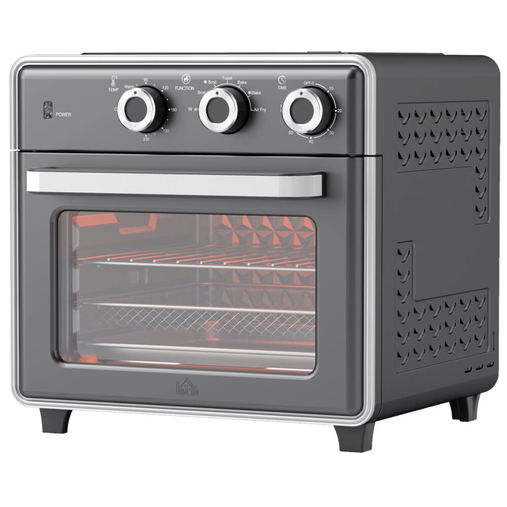 Ein grauer Minibackofen, Heissluftfritteuse und Umluftofen in einem, 20 Liter Fassungsvermögen, 1400W Leistung.