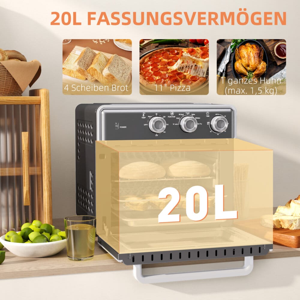 Ein grauer Minibackofen, Heissluftfritteuse und Umluftofen in einem, 20 Liter Fassungsvermögen, 1400W Leistung.