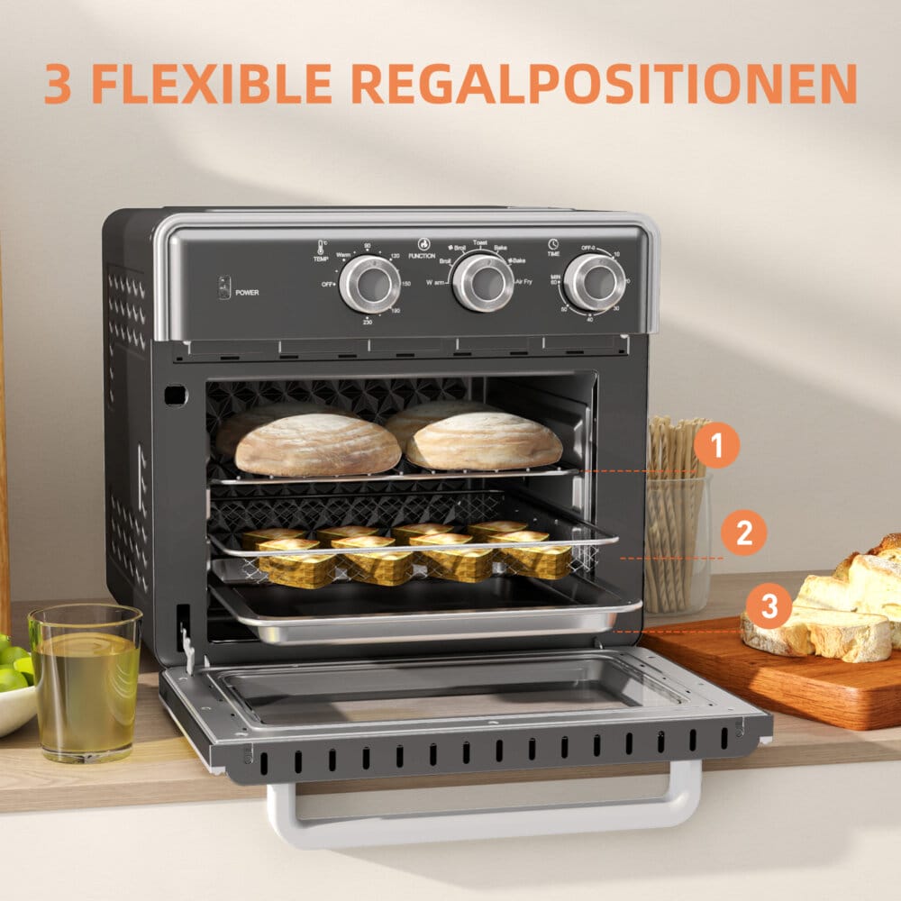 Ein grauer Minibackofen, Heissluftfritteuse und Umluftofen in einem, 20 Liter Fassungsvermögen, 1400W Leistung.