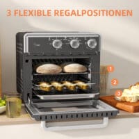 Ein grauer Minibackofen, Heissluftfritteuse und Umluftofen in einem, 20 Liter Fassungsvermögen, 1400W Leistung.