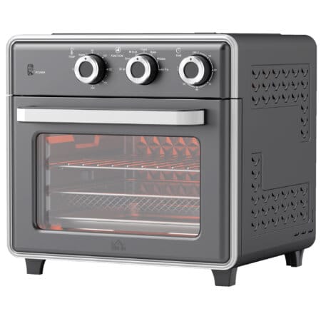 Ein grauer Minibackofen, Heissluftfritteuse und Umluftofen in einem, 20 Liter Fassungsvermögen, 1400W Leistung.