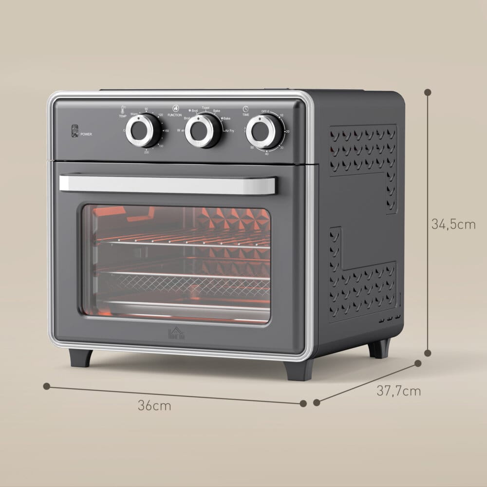 Ein grauer Minibackofen, Heissluftfritteuse und Umluftofen in einem, 20 Liter Fassungsvermögen, 1400W Leistung.