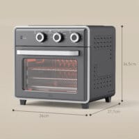 Ein grauer Minibackofen, Heissluftfritteuse und Umluftofen in einem, 20 Liter Fassungsvermögen, 1400W Leistung.