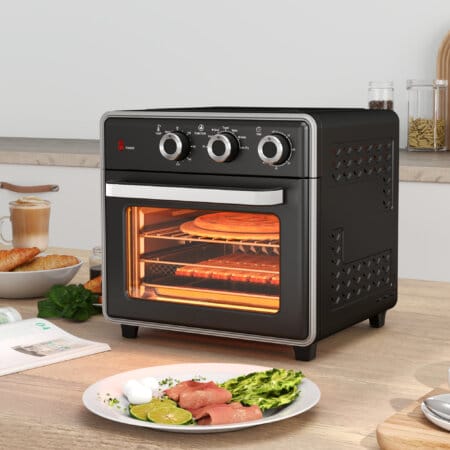 Ein schwarzer Minibackofen, Heissluftfritteuse und Umluftofen in einem, 20 Liter Fassungsvermögen, 1400W Leistung.