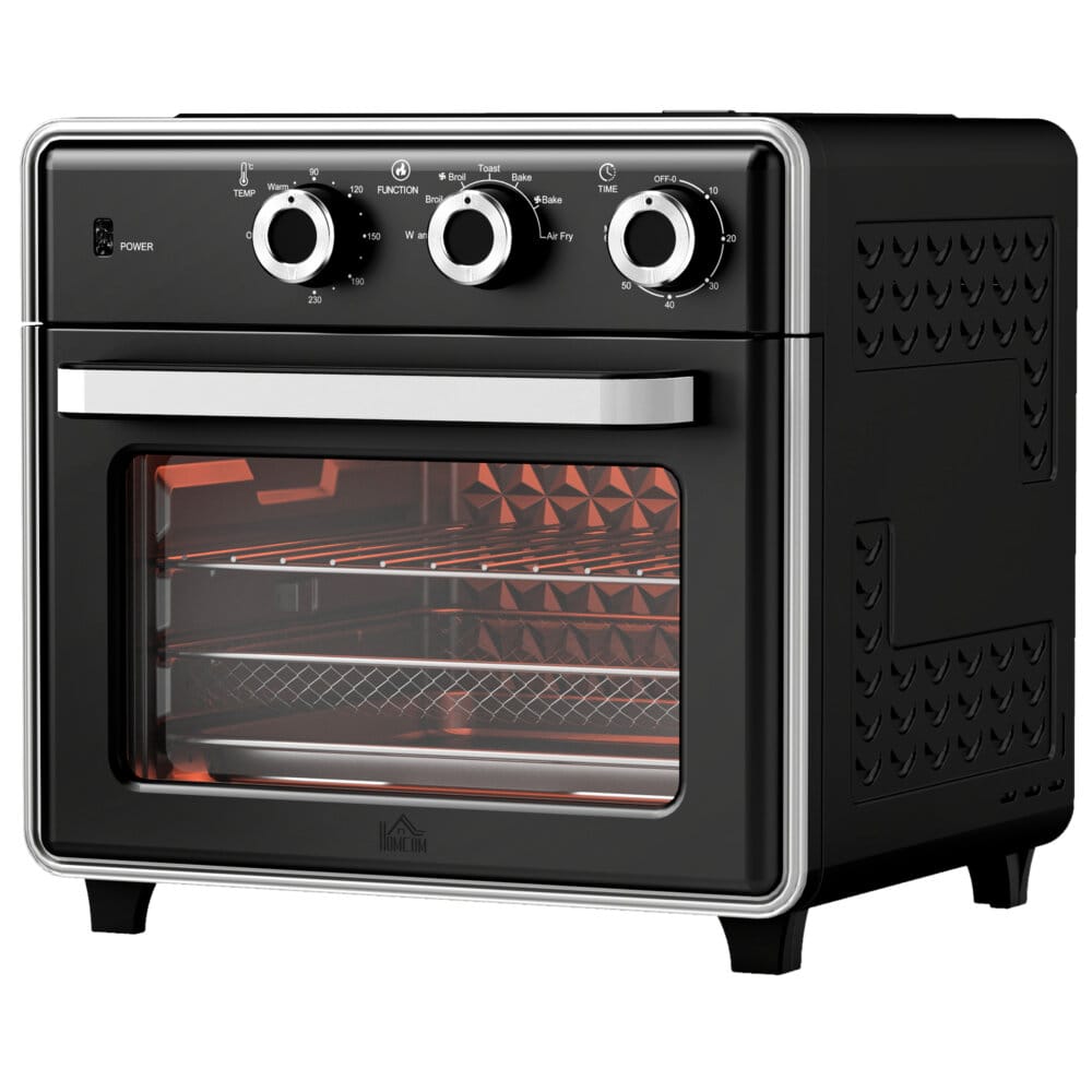 Ein schwarzer Minibackofen, Heissluftfritteuse und Umluftofen in einem, 20 Liter Fassungsvermögen, 1400W Leistung.