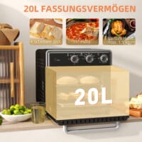 Ein schwarzer Minibackofen, Heissluftfritteuse und Umluftofen in einem, 20 Liter Fassungsvermögen, 1400W Leistung.